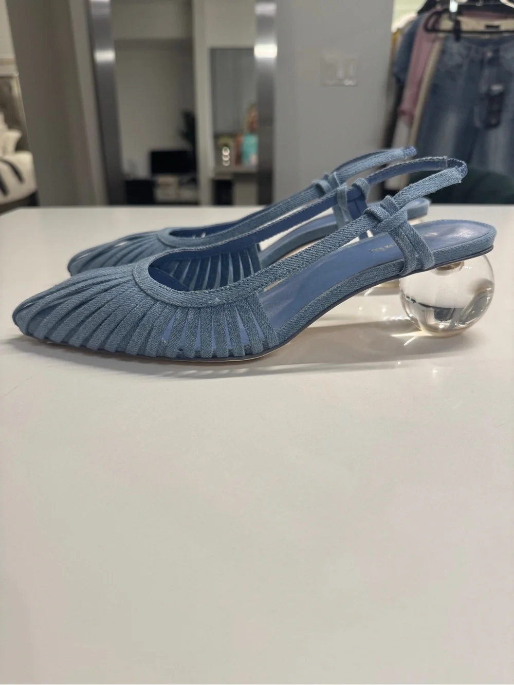 cult gaia Alia blue denim pleated slingback pointed-toe heels size 38.5 Lake